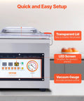 Front view of VEVOR chamber vacuum sealer with transparent lid, 12.6 in sealing length, LED display and vacuum gauge