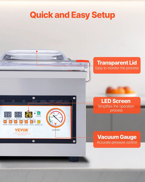 Front view of VEVOR chamber vacuum sealer with transparent lid, 12.6 in sealing length, LED display and vacuum gauge