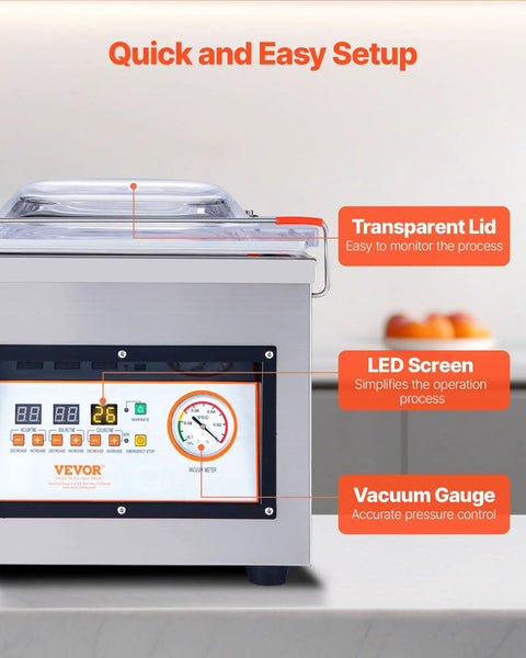 Chamber Vacuum Sealer 320W Power For Wet Foods And Meats Vacuum Packing Machine showing LED screen and transparent lid