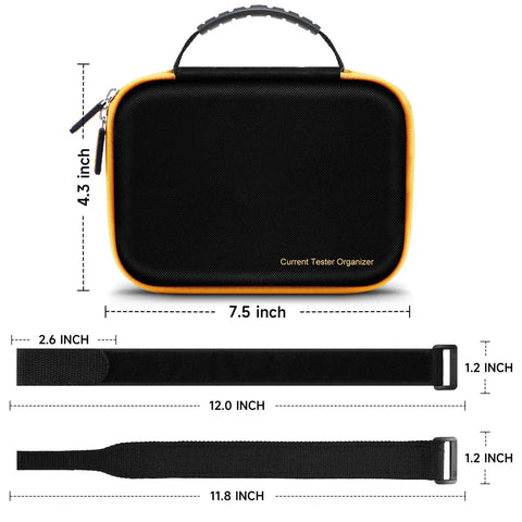 Front view of Hard Case Bundle With Magnetic Hanging Strap For Fluke Digital Multimeters 113 114 115 116 117, Rugged Protective Kit For On The Job Use, Easy Access And Safe Storage, includes case and magnetic straps with dimensions.