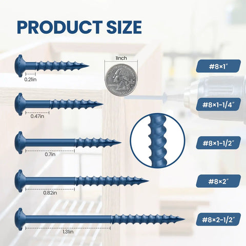 Product size chart of Pocket Hole Screws Size Eight By One And One Quarter Inch 600 Pcs Coarse Thread Blue Anti Rust Coated Exterior Wood Screws Self Tapping Washer Head