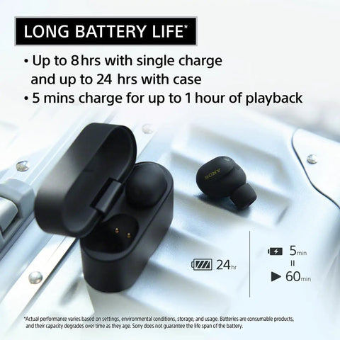 WF-1000XM6 True Wireless Earbuds With Top Notch Noise Canceling And Studio Quality Sound, All Day Battery Life Up To 24 Hours, Bluetooth In Ear Headphones, Black case and earbud on metallic surface with battery life info.