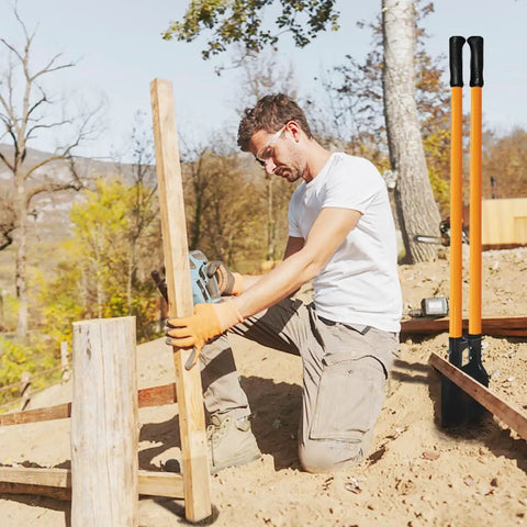 Man using a Heavy Duty Post Hole Digger With Fiberglass Handle 58 Inch Sharp Steel Blade For Quick Digging Through Hard Soil And Roots
