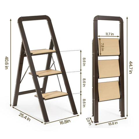 3 Step Folding Aluminum Ladder For Home Use 450 Pound Capacity Lightweight Yet Ridiculously Sturdy Open And Store With Ease Perfect For Indoor Or Outdoor Jobs Sturdy Metal Frame With Non Slip Feet, 40.6 in open and 44.7 in folded