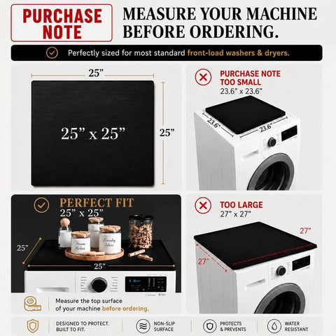 Image illustrating the measurement guide for Set Of Two 25X25 Inch Washer And Dryer Top Protector Mats, showing dimensions and fit.