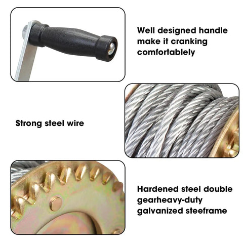 Beefy Manual Hand Crank Winch, 600 Lb Capacity, 26.3 Ft Steel Cable, Rugged Portable Tool for Trailers and Off Road Work, Carbon Steel With Zinc Plated Finish close-up of handle, steel cable and gear