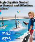 Boy playing with 2 Pack Remote Control Sailboats For Kids 2.4GHz RC Boats With LED Lights in a pool