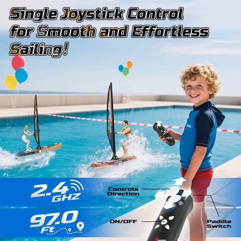 Boy playing with 2 Pack Remote Control Sailboats For Kids 2.4GHz RC Boats With LED Lights in a pool