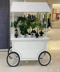 Slick Portable Vendor Cart With Heavy Duty Rubber Wheels And Locking Storage Cabinet For Farmers Markets Pop Up Booths And Flower Display Racks That Keep Your Street Hustle Going Strong, displaying potted plants.