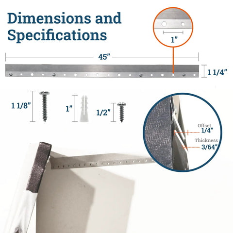 Dimensions of Beefy Heavy Duty French Cleat Hanger 45 Inch System with screws and anchors for secure wall mounting