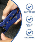 Hands using Universal Cutter And Wire Stripper For Flat Or Round TV And Network Cables Cat5 Cat5e Cat6 RG6 Quad RG59 RG7 RG11 Coax