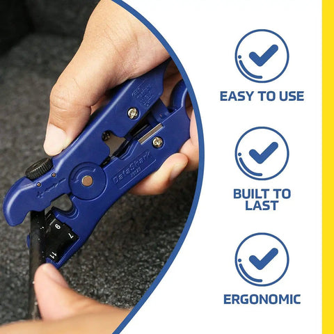Hands using Universal Cutter And Wire Stripper For Flat Or Round TV And Network Cables Cat5 Cat5e Cat6 RG6 Quad RG59 RG7 RG11 Coax