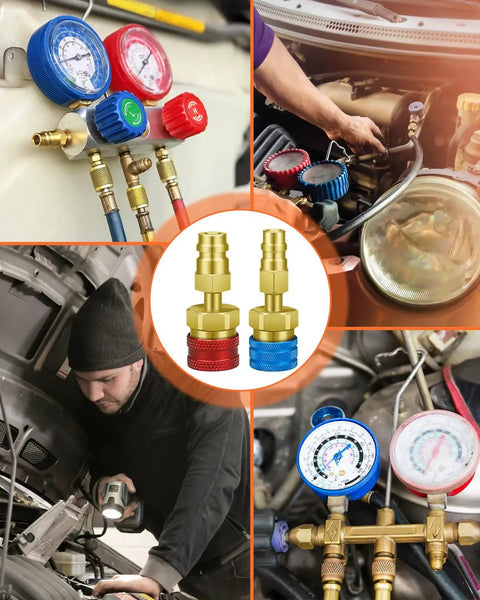 R134A to R1234YF Quick Coupler Adapter Kit for AC Charging, brass connectors in use with gauges and a car's engine bay