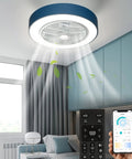 Modern bedroom with 22 Inch Enclosed Low Profile Ceiling Fan With Light And Remote, Dimmable LED, blue design, and 6 speed control.