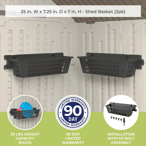 Two Pack Shed Basket Organizer Set With Wall Mount Shelf Kit Durable Heavy Duty Resin Bins, black bins on shed wall