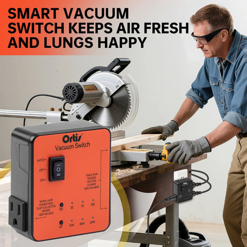 Ortis Vacuum Switch orange plug-in dust-control autoswitch for two tools; front view with table saw.