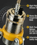 Hella Durable Hydraulic Gear Puller Set With Hand Pump 50 Ton features a chrome finish, forged steel body, and safety valve.