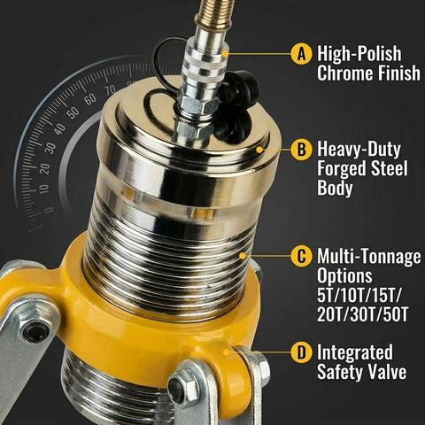 Hella Durable Hydraulic Gear Puller Set With Hand Pump 50 Ton features a chrome finish, forged steel body, and safety valve.