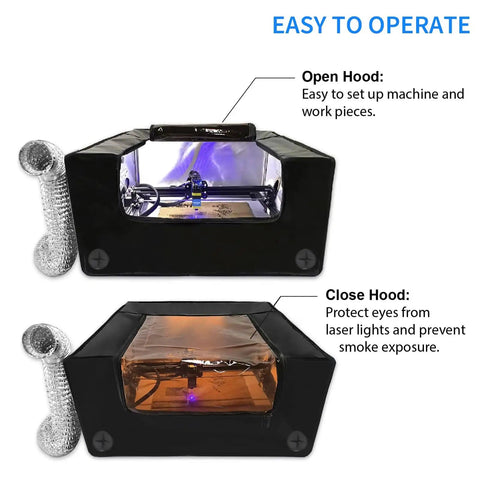 Protective Laser Enclosure With Built In Ventilation And LED Light For Your Laser Cutter, no fuss fireproof dustproof shield shown open and closed