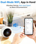Magnetic Wireless Security Camera For Indoor And Outdoor Use With Install Free Setup 2K Wi Fi HD Night Vision Long Battery Life AI Motion Detection Weatherproof Build And Real Time Alerts shown with smartphone app interface.