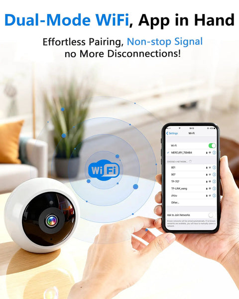 Magnetic Wireless Security Camera For Indoor And Outdoor Use With Install Free Setup 2K Wi Fi HD Night Vision Long Battery Life AI Motion Detection Weatherproof Build And Real Time Alerts shown with smartphone app interface.