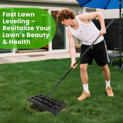 Person using 17 By 10 Inch Heavy Duty Lawn Leveling Rake With Sectional Adjustable Handle for easy lawn soil grooming.