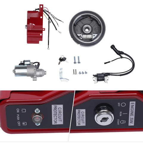 Honda Electric Start Kit Starter Motor With Flywheel Switch For GX240 8HP And GX270 9HP kit components close-up