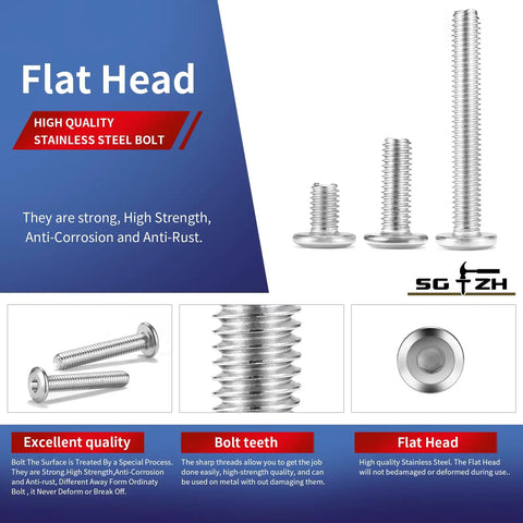 Ten Pack Of M6 X 65mm Flat Head Hex Socket Cap Screws In 304 Stainless Steel Partially Threaded, showcasing various screw lengths.