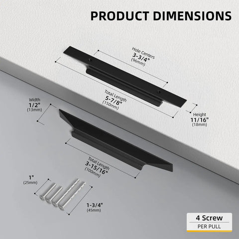 Dimensions of Matte Black Cabinet Handles 10 Pack 6 Inch Long Finger Pulls 96mm Center To Center, with screws shown.