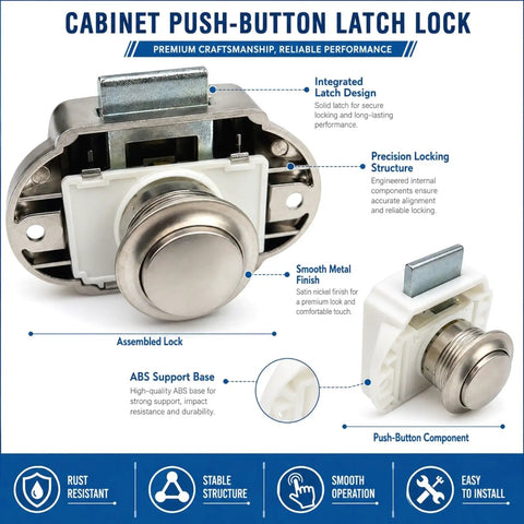 Premium Zinc Alloy Push Button Cabinet Latches For RV Cupboard And Van Storage 5 Pack detailed view of assembled lock with satin finish.