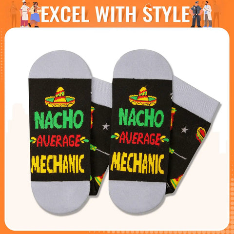 Black socks with 'Nacho Average Mechanic' text, sombrero graphic; part of Nacho Average Mechanic Socks Pack For Gearheads And Car Lovers Funny Automotive Gift For Men Dad Boyfriend Engineers Comfortable Cotton Blend With Wrench Pliers And Tire Patterns.