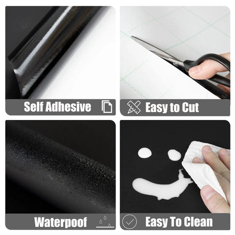 Smooth Black Peel And Stick Wallpaper 24 X 393 Inches Self Adhesive Vinyl Contact Paper showing self-adhesive, cutting, waterproof, cleaning.