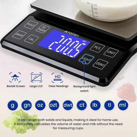 High Precision 5Kg Kitchen Scale With 0.1g Readings, featuring backlit LCD and unit conversion options, large stainless steel platform.