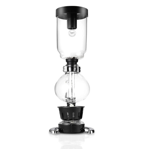 Three Cup Tabletop Siphon Coffee Maker With Alcohol Burner shown on counter with vacuum seal technology for rich smooth coffee