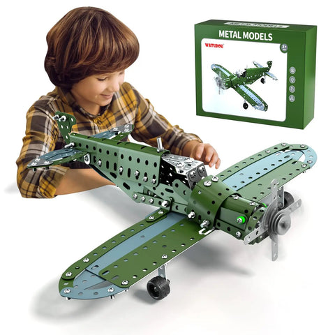 Child assembling Hands-On DIY Model Airplane Kit With 285 Metal Parts, Fighter Jet STEM Building Project, box in background