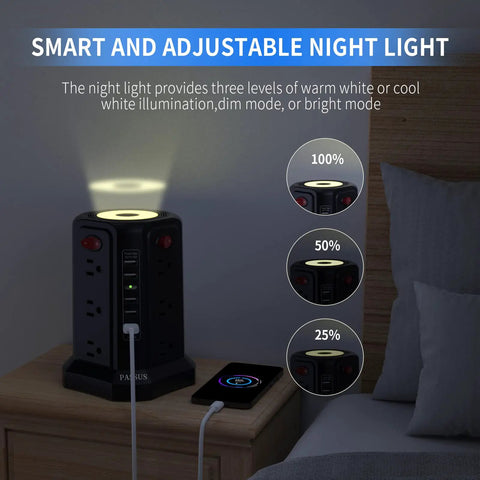 Heavy Duty Surge Protector Power Tower with 5 USB Ports and Night Light on bedside table