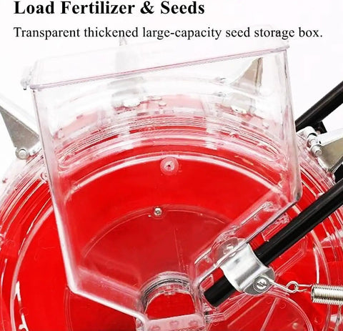 Manual Seeder Machine And Fertilizer Applicator with transparent seed box for easy garden seeding, close-up view.