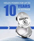 Straight Up Reliable CR2025 3V Lithium Button Cell Battery 5 Pack showing 3V lithium cell with 10 year shelf life and Philips branding.