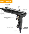 Close-up of Heavy Duty Pneumatic Rivet Nut Setting Tool with Quick Change Heads showing switches, mandrel, and design features.