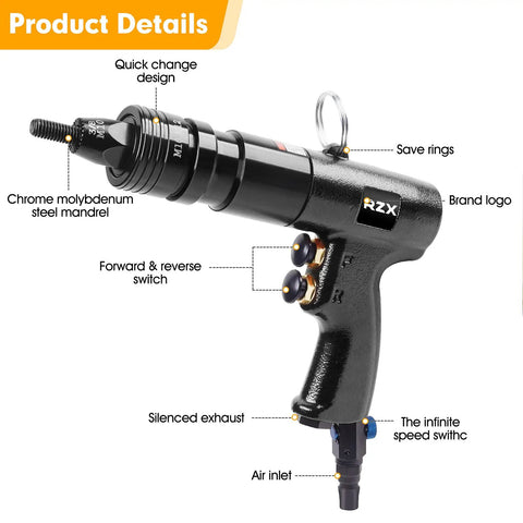 Close-up of Heavy Duty Pneumatic Rivet Nut Setting Tool with Quick Change Heads showing switches, mandrel, and design features.