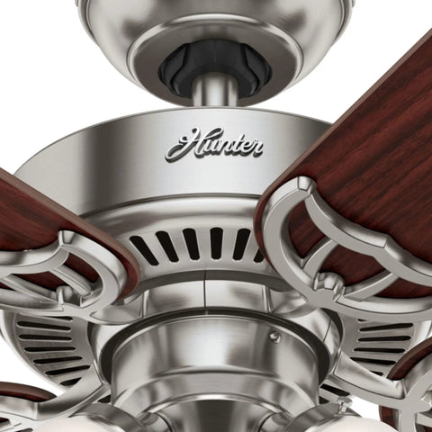 Close-up of Southern Breeze 42 Inch Brushed Nickel Ceiling Fan with LED Light Kit and Pull Chain, wood blade detail.