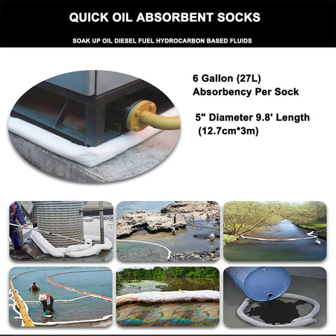 Snap Up These Tough Oil Absorbent Socks For Serious Industrial Spill Cleanup Booms Soak Up Diesel And Hydrocarbon Fluids Fast High Capacity Polypropylene Tubes Bring A Pack Of Five To Every Job Site Today, showcasing a 5in x 9.8ft design.