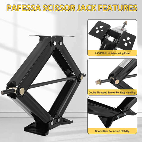 Heavy Duty RV Scissor Jack Stabilizer With 6500Lb Load Capacity 24 Inch Leveling Jack For Trailer And Camper Durable Stabilizer With Crank Handle Easy Stabilization On The Go Steel Construction For Reliable Support, black steel RV scissor jack with bowed base and multi-hole mounting plate