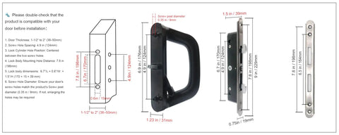 Diagram of Sliding Patio Door Handle Set With Mortise Lock Reversible And Keyed White Finish Fits 1.5 To 2 Inches Thick Sliding Glass Doors 4 15 Sixteenths Inch Screw Holes Requires Drilling Heavy Duty Zinc Aluminum Build showing dimensions and installation instructions.