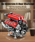 V8 Engine Working Model Kit For Adults With Transparent Cylinder Head And Realistic Piston Motion Gears And Timing Chain In Full Action Experience For Gearheads, 1101 pieces, 9.45 x 8.24 x 7.68 inch