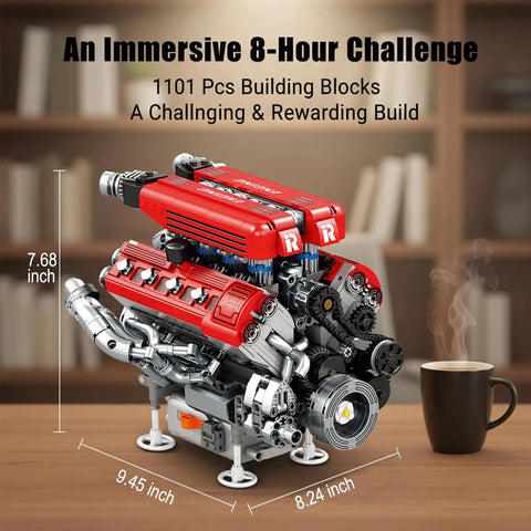 V8 Engine Working Model Kit For Adults With Transparent Cylinder Head And Realistic Piston Motion Gears And Timing Chain In Full Action Experience For Gearheads, 1101 pieces, 9.45 x 8.24 x 7.68 inch