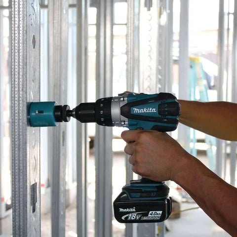 Using Hard Core Bad Boy 18V Cordless Hammer Driver Drill Kit with 1/2 inch chuck for drilling through metal stud.