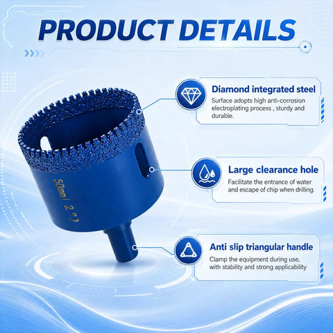 Top Rated 10 Pc Diamond Hole Saw Kit With Serrated Brazed Cutting Bits, Triangle Shank Guide Jig And Bag For Drilling Ceramic Tile Glass Granite Porcelain Smoothly Dry Or Wet Installation Projects, 50mm diamond core bit with triangle shank