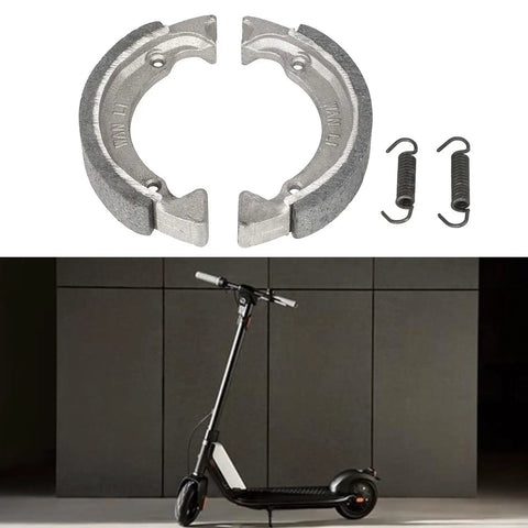 Front Drum Brake Pad For Electric Scooter Replacement Shoe Kit shown with scooter, springs, and metal construction for durability