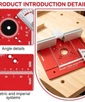 Heavy Duty Aluminum Router Table Insert Plate With Rock Solid Miter Guide Dual Metric Imperial Angle Scales And Rotating Sliding Ruler For Hassle Free Woodworking Setup Red with detailed angle and measurement scales.